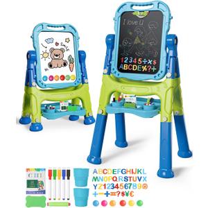 Lehoo Castle Easel for Kids, 4 in 1 Double Sided Kids Art Easel with Magnetic White Board & Chalk Board, Adjustable Standing Toddler Easel with Drawing & Writing Accessories - Gift for Boys and Girls (Dark Blue, Light Blue, Green)