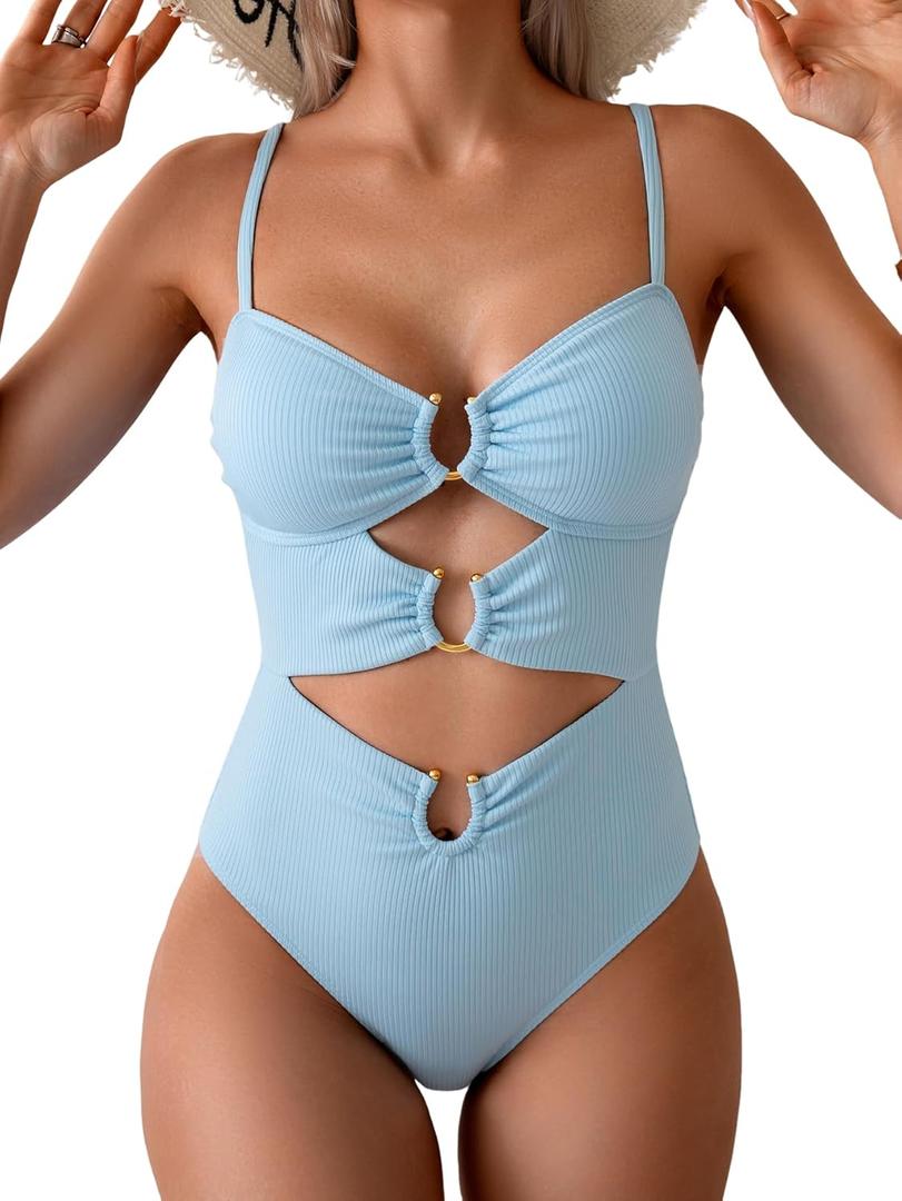 Eomenie One Piece Swimsuit for Women Ring Linked Monokini Sexy Bathing Suit Cutout Swim Suit (Large, Light Blue Ribbed)