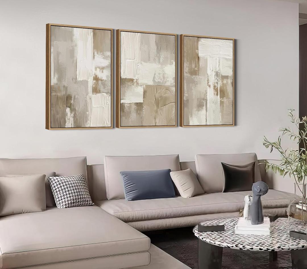 Shoci Large Framed Abstract Wabi Sabi Wall Art Modern Neutral Black Graffiti on White Canvas Pictures Natural Float Framed Simple Ink Scrawl Decor for Living Room Bedroom Office 24X36 Inch Set of 3