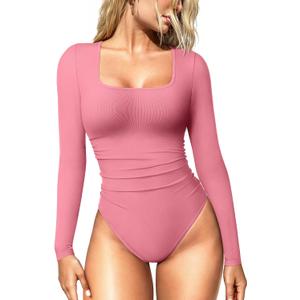 OQQ Women's Bodysuits Ruched Long Sleeve Square Neck Lounge Stretch Travel Bodysuits  Dry Rose, Medium