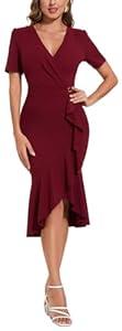 KnoInt Burgundy Bodycon Short Sleeve Dresses for Women V Neck Summer Wrap Ruffle Hem Party Dress with Back Zipper, XX-Large