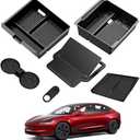 YPHUIKI 6PCS Upgraded Center Console Organizer for Tesla Model 3 Highland 2024 2025 & Model Y Juniper 2025 Accessories [Smooth Sliding] Armrest Tray Hidden Storage Box Cup Holder Webcam Cover