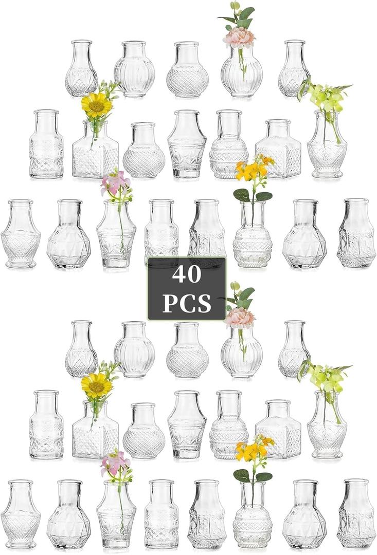 Glasseam Small Bud Vases for Centerpieces: 40PCS Mini Clear Glass Vase Set for Flowers Decor Wedding Party Baby Shower Dining Table Decorations Centerpiece