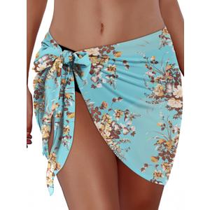 Swimsuit Coverups for Women Sarong Beach Bikini Wrap Sheer Short Skirt Chiffon Scarf for Swimwear (Aqua Blue Floral, 2XL)