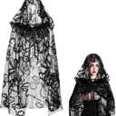 Halloween Witch Black Hooded Cloak for Women Gothic Lace Snake Pattern Short Sheer Cape Vampire Cloak for Cosplay Costume