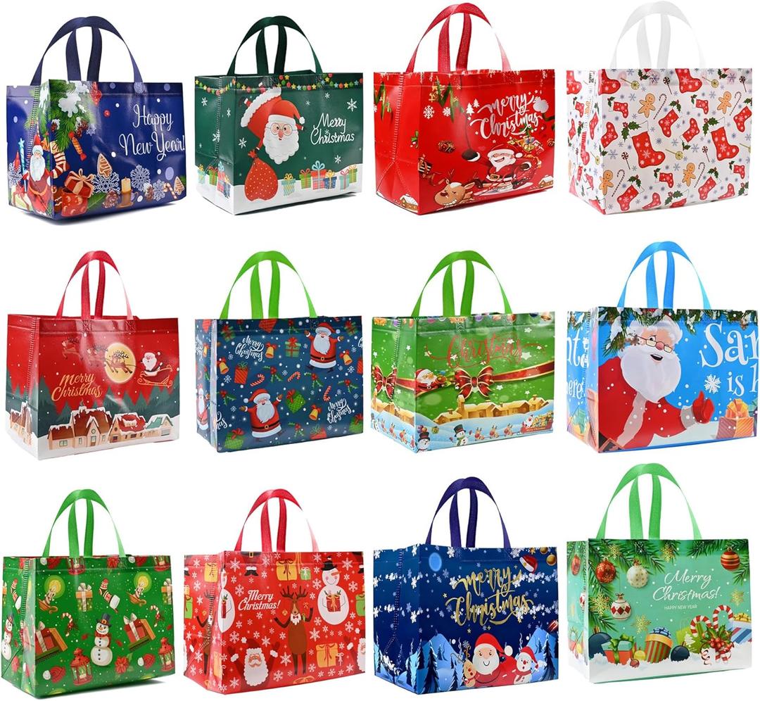2 x sanchlor 12 Pack Christmas Gift Bags, 12.6"x9.8"x6.7" Large Non-Woven Tote Bags with Handles for Wrapping Xmas Party Favors