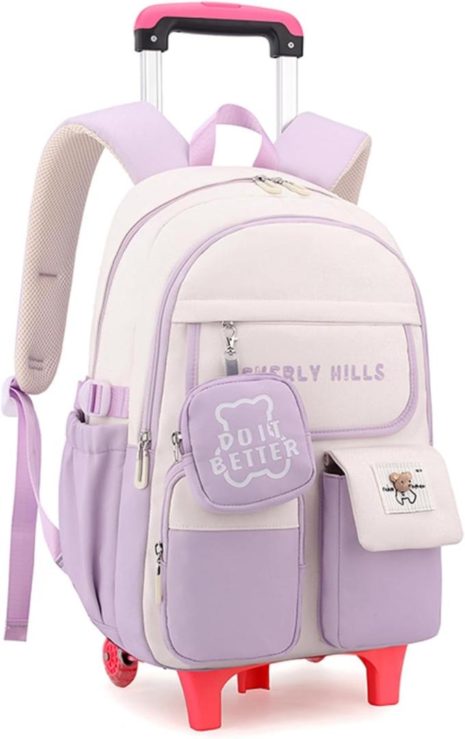 ZHANAO Color-blocking Rolling Backpack for Girls,Kawaii School Bag with Wheels,Trolley Bookbags for Primary Students (Purple-2 Wheels)