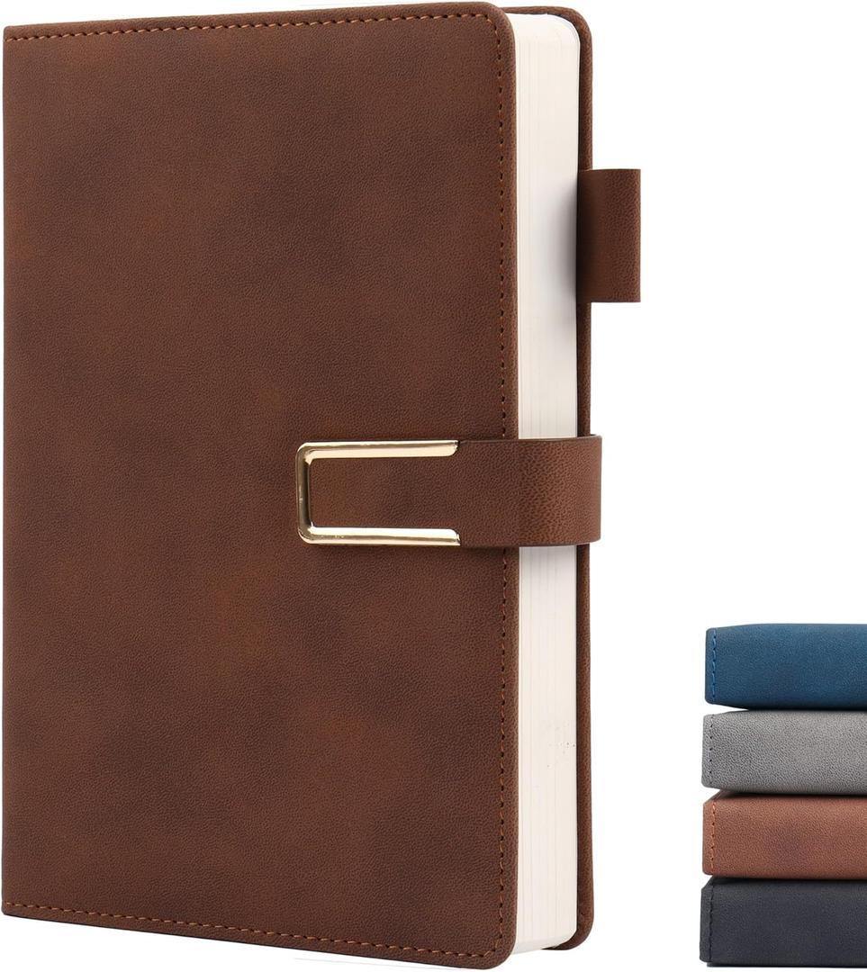 Hardcover Lined Notebook Journal for Women & Men,256 Pages 5.7 x 8.3 inches,A5 Ruled Notebooks Magnetic Closure Leather Journal,Daily for Work,Meeting,Travel,Writing,School and Note Taking (Brown)
