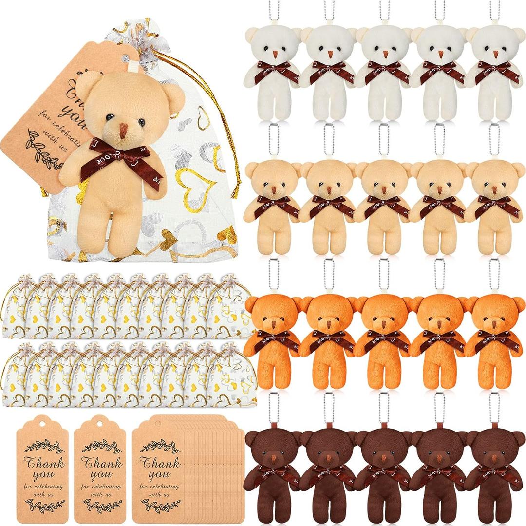 Libima 60 Pcs Mini Bear Baby Shower Decorations First Baby Shower Favors Party Supplies Souvenirs 4.7" Tiny Soft Stuffed Plush Bears Bulk with Thank You Tag and Heart Organza Bag (Brown Series)