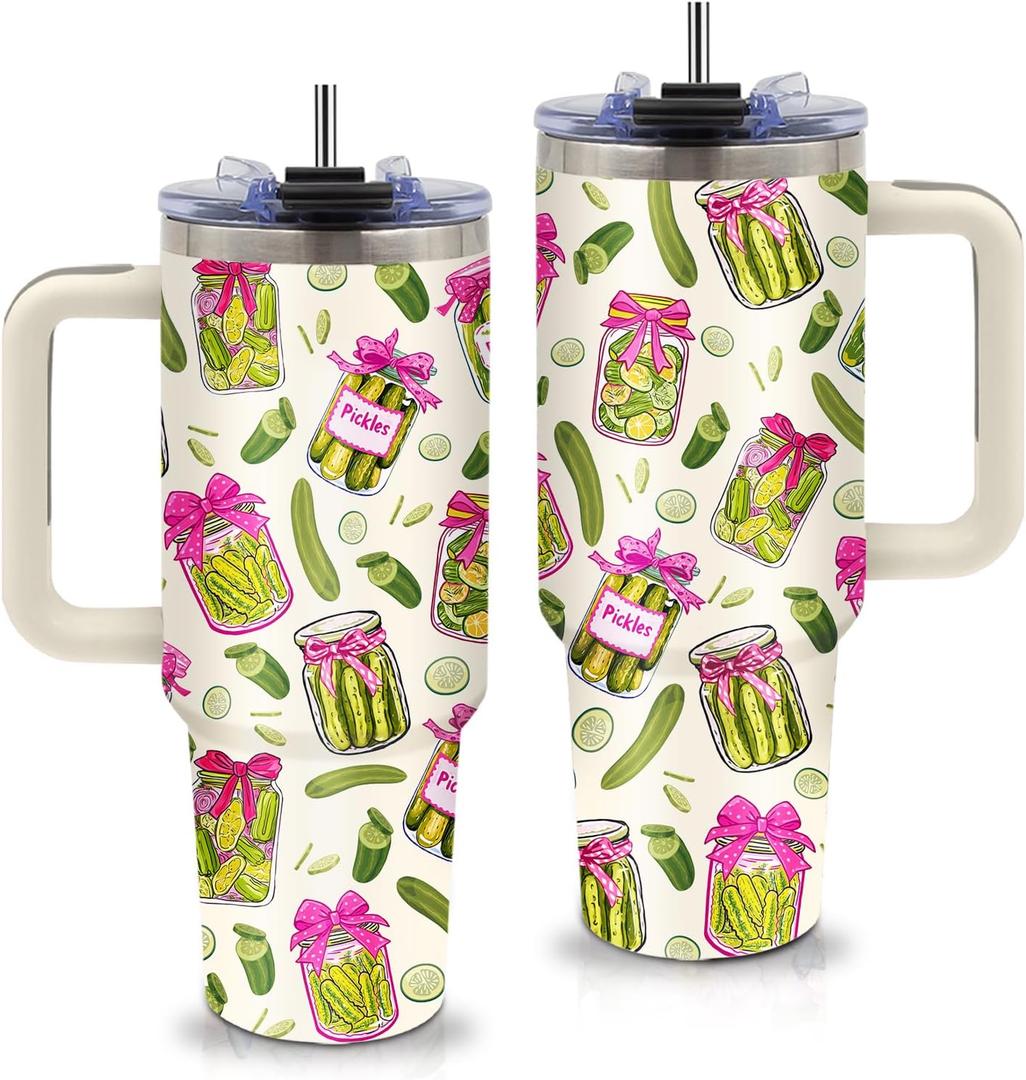 Pickle Gifts - Funny Pickle Themed Tumbler 40oz with Handle and Straws, Leak-proof, Stainless Steel Insulated Travel Coffee Mugs for Pickles Lovers, Pickled Food Enthusiasts Gifts Birthday Cup