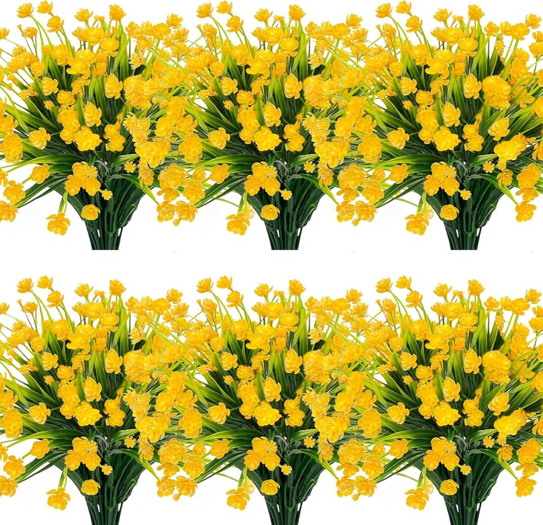 TURNMEON 12 Bundles Artificial Flowers for Outdoors Summer Decor, Realistic UV Resistant Fake Plants Faux Plastic Flowers for Outside Planter Home Gardens Patio Porch Yards Cemetery Decor(Yellow)