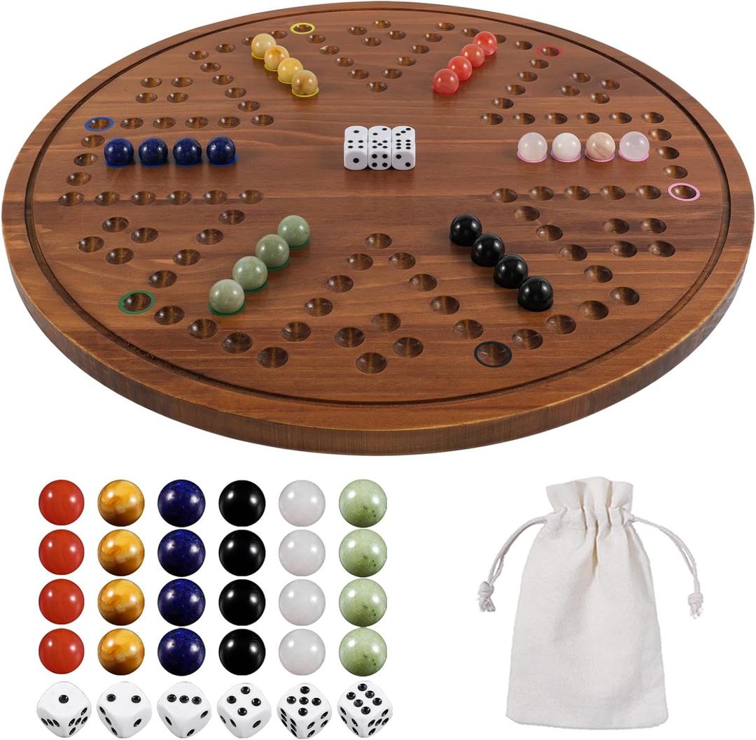 Circular Large Marble Board Game with Double-Sided Painted Wooden Fast Track Board Game with 30 Marbles 6 Dice4-Player Game 6-Player Game Universal Original Natural Marble (Burnt Color)