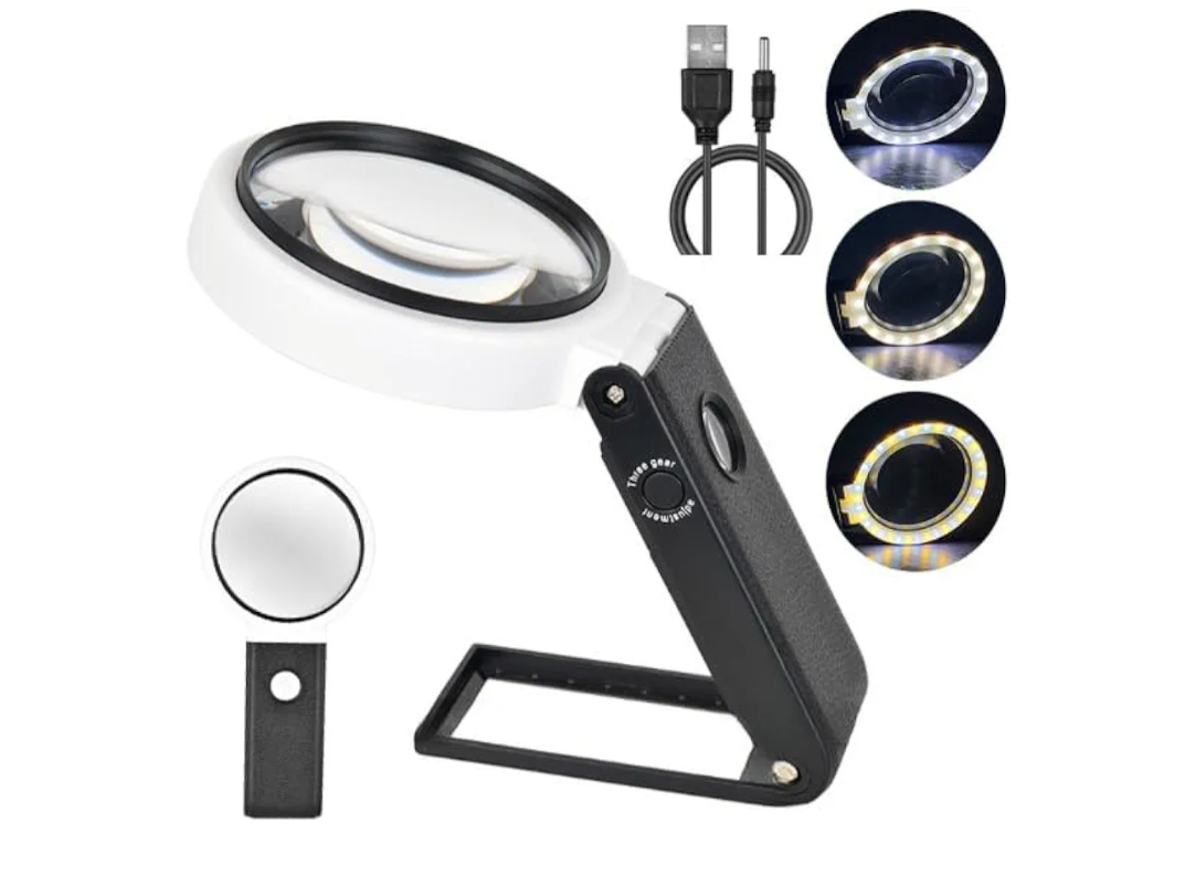 Magnifying Glasses with Light and Stand, 10X 25X Handheld Lighted Magnifier, Large Standing Magnifying Glass with 32 LED Lights for Close Work Coin Stamp Collection