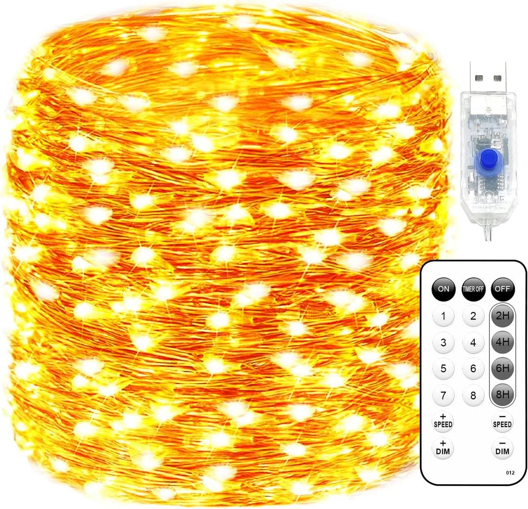 Fairy Lights Plug in 66FT 200 LED USB Twinkle Lights for Bedroom Copper Wire Lights with Remote and Timer 8 Modes, Waterproof String Lights for Dorm DIY Party Christmas Decoration（Warm White）