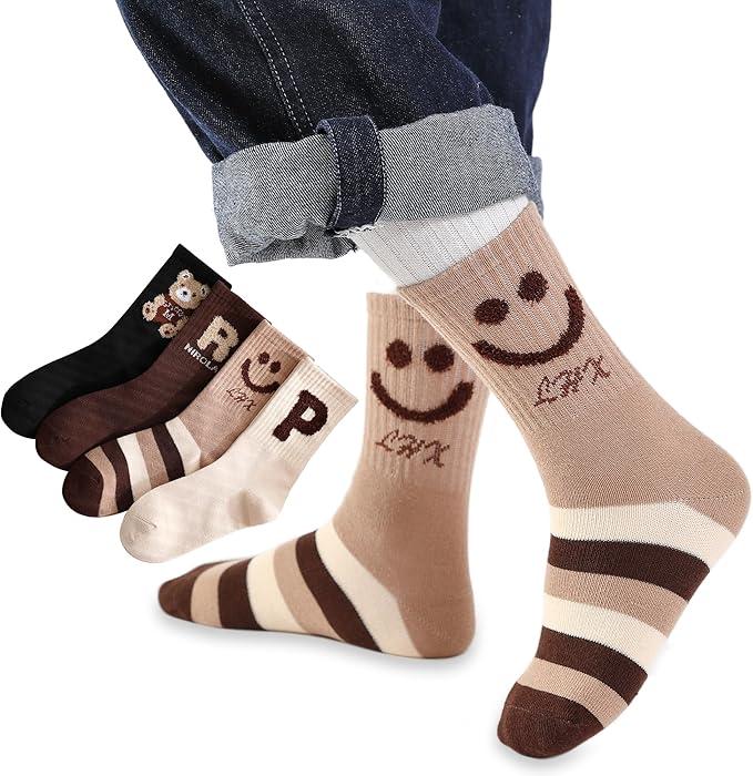 mayoken Unisex Kids Socks Boys and Girls Ankle Socks Teen Crew Socks Athletic Cotton Socks for Children 4 Pairs 3T-12T (XX-Large, Bear)