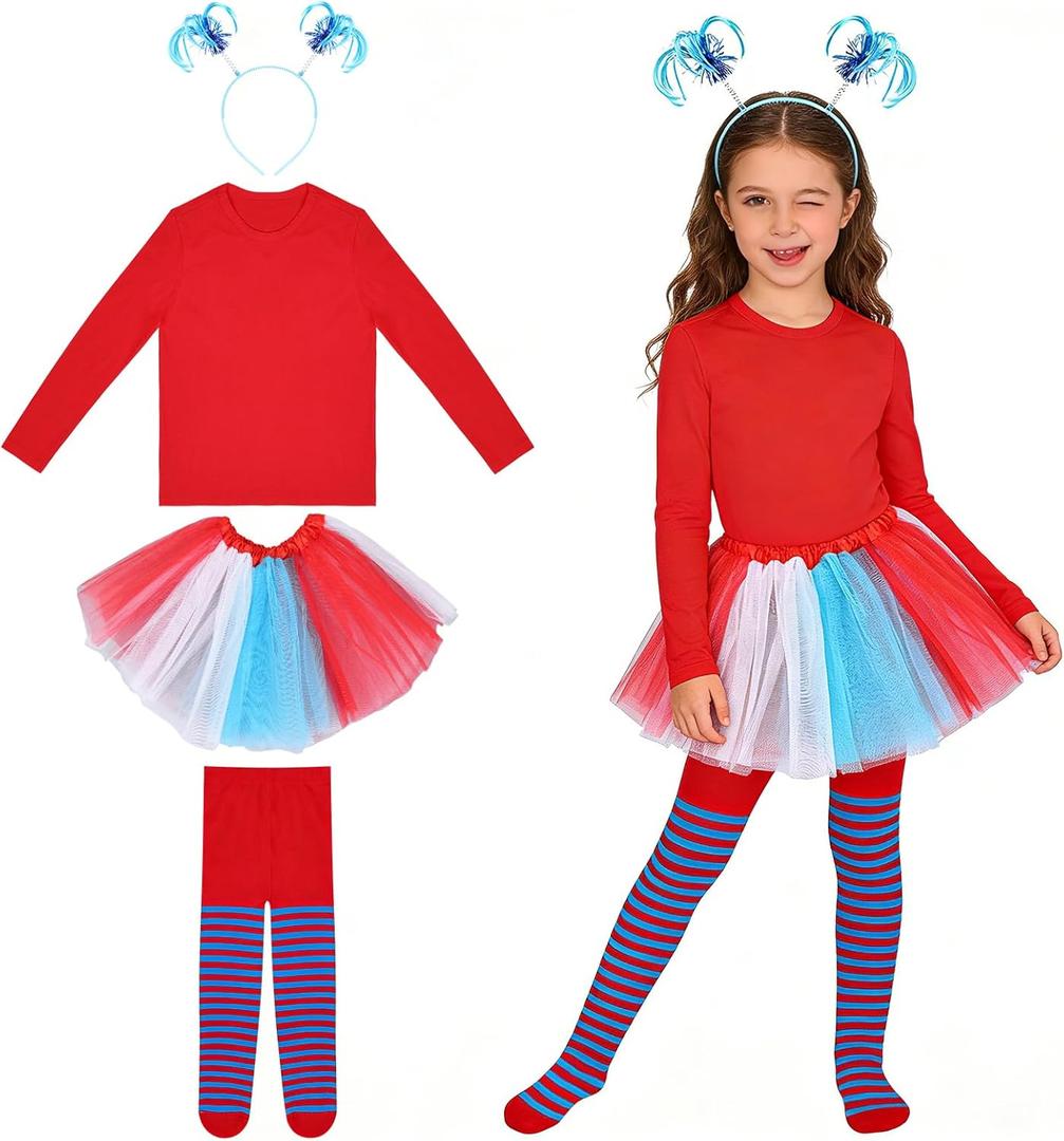 Girls Tulle Tutu Costume Set - Blue/Red Skirt, Red T-Shirt, Stretch Striped Pants & Headband for Birthday Party (125-135cm)