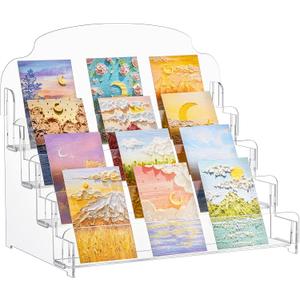 Clear Acrylic Greeting Card Display Stand Portable Sticker Display Stand Card Display Rack Holder Postcard Organizer for Retail Counter Desk Stamp Mail Photo Storage(4 Tier,16''x10''x14'')