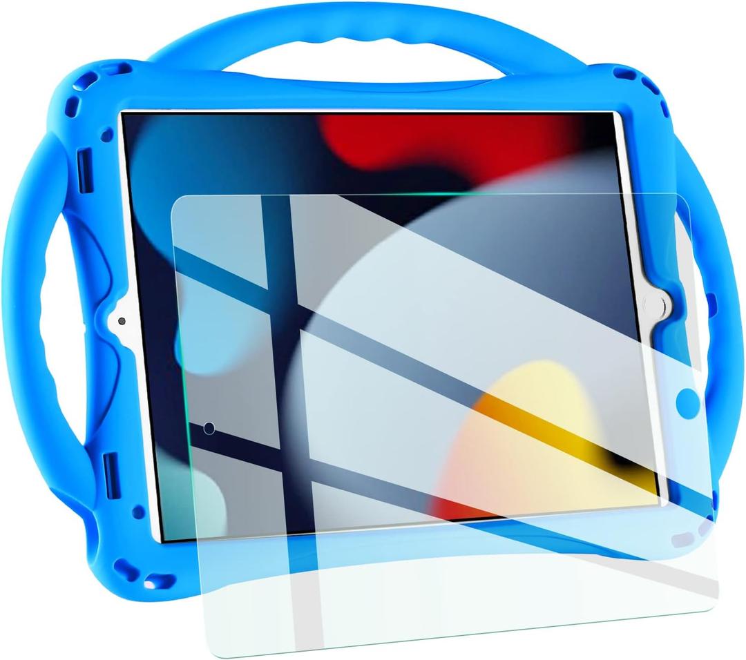 TopEsct Kids Case for iPad 10.2 inch - Shockproof Silicone Cover with Tempered Glass Screen Protector and Strap - Compatible with iPad 9th/8th/7th Gen (2021)"(Blue)
