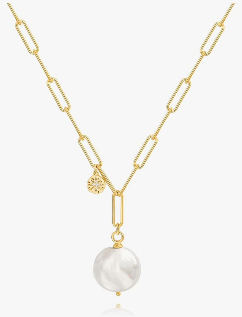 18k Gold Chain Link Necklace for Women, Baroque Pearl/Compass Pendant Necklace