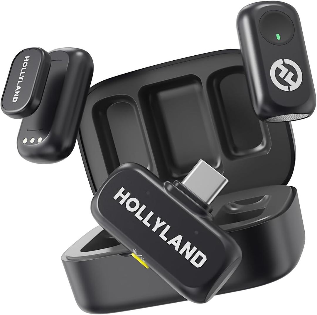Hollyland Lark A1 Wireless Microphone for iPhone 17/16/15 & Android, 48kHz/24-bit, 3-Level Intelligent Noise Cancel, Mini Mic for YouTube, Podcast, Vlogging (Black, 2TX + USB-C RX + Charging Case)