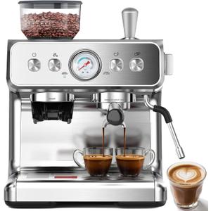 COWSAR Commercial Espresso Machine 20 Bar, Semi-Automatic Espresso Maker with Bean Grinder & Milk Frother Steam Wand, Removable Water Reservoir, Self-Cleaning, Ideal for Cappuccino, Stainless Steel