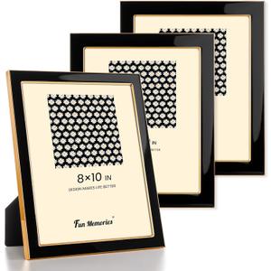 Fun Memories 8x10 Picture Frame - 3pcs Black Enamel Glass Photo Frame with Gold Metal Edge & Easel for Display Picture Frame on Countertops, Tabletops, Bookshelves, Desks, Walls (Black/Gold)