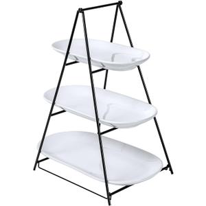 UNICASA 3 Tier Serving Tray for Parties  White Oval Porcelain Serving Platters and Trays with Collapsible Metal Stand  Tiered Dessert Stand for Cake, Snacks, Appetizers, Fruits, Chips & Dips