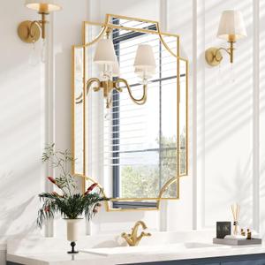 Kelly Miller Gold Bathroom Mirror for Wall, 24"x36" Large Decorative Mirror Gold Wall Mirror Vanity Mirror Beveled Wall Decor for Master Bath Half Bath Living Room Bedroom Fireplace Mantle Entryway