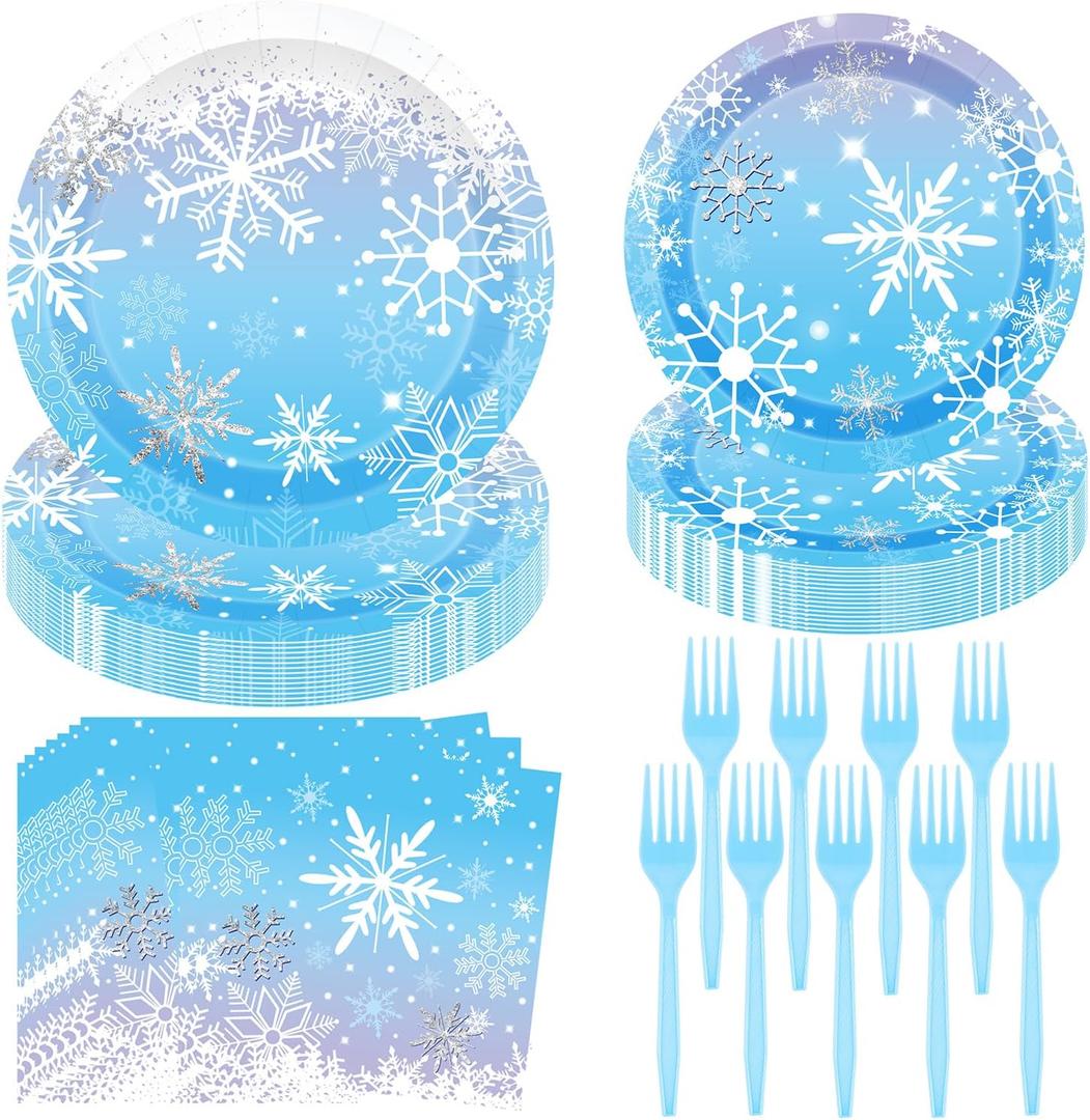 Winter Snowflake Birthday Party Supplies 96 PCS Christmas Snowflake Paper Plates and Napkins Forks Disposable Tableware Set for Christmas Winter Wonderland Frozen-theme Party Decorations