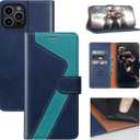 for iPhone 12 Pro Max Wallet Case,Leather Flip Case [RFID Blocking] Credit Card Holder Folio Magnetic Stand TPU Shockproof Cover Color Matching for iPhone 12 Pro Max (6.7") Blue Green
