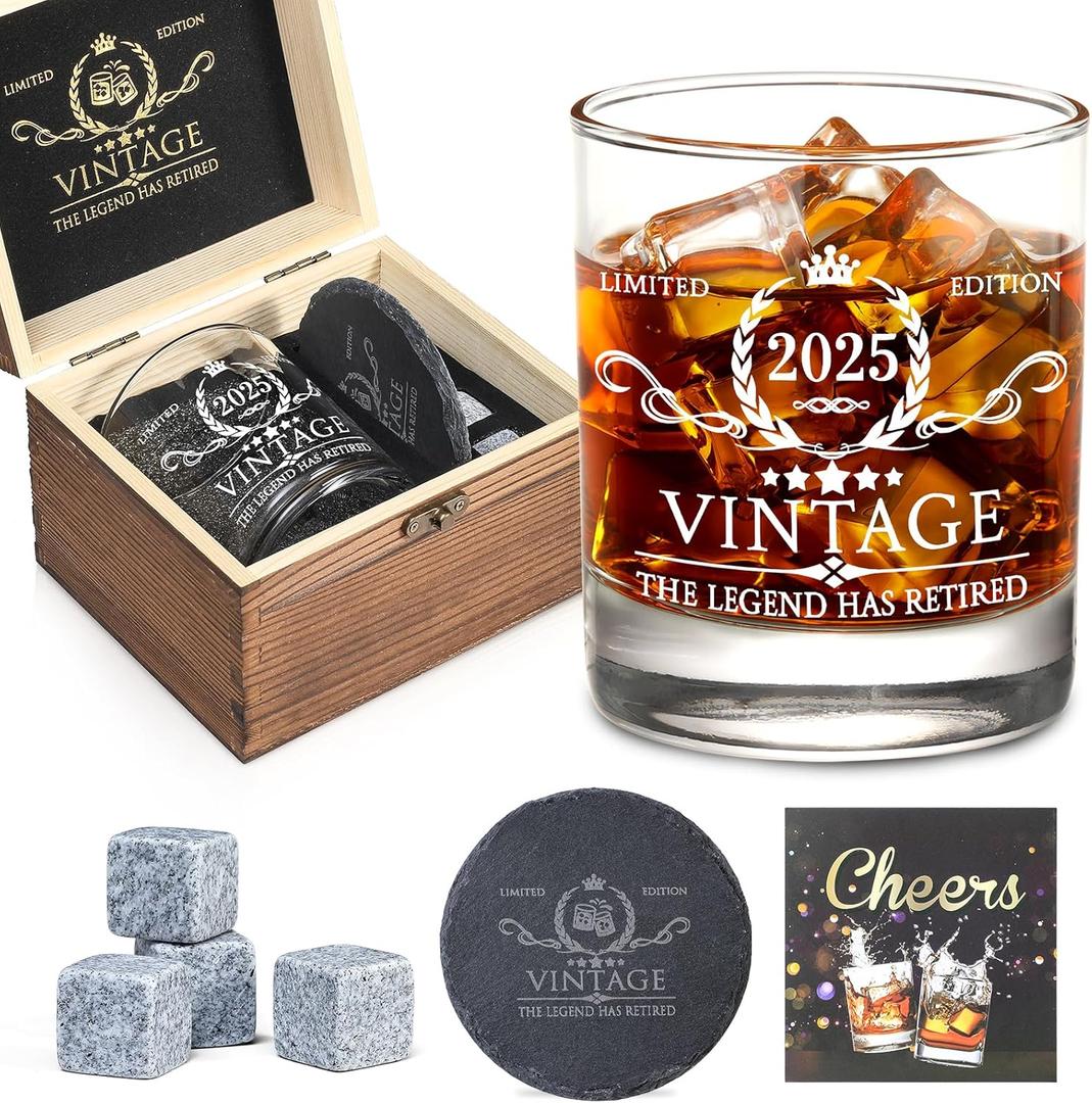 Retirement Gifts for Men Whiskey Glass Set - The Legend Has Retired 2025 - Retirement Party Decorations, Supplies - Gifts Ideas for Him, Dad, Husband, Friends - Wood Box & Whiskey Stones & Coaster