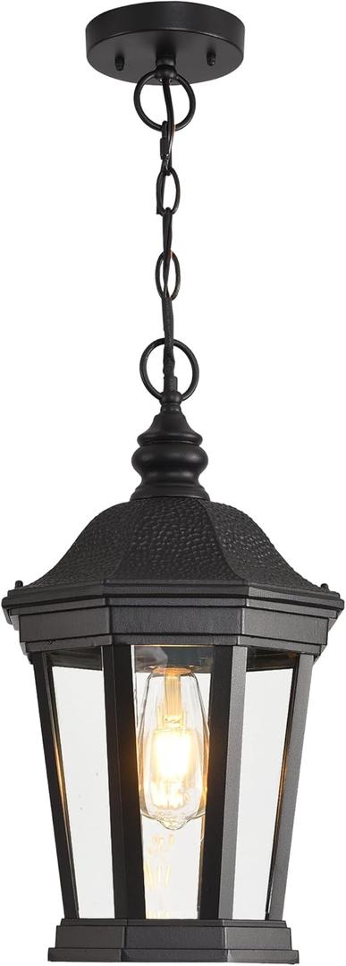 Large Outdoor Pendant Light Fixtures, 17.9" H Black Exterior Hanging Lantern Lights, Height Adjustable Outside Chandeliers with Clear Glass for Porch, Farmhouse, House