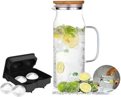 Glass Pitcher with Bamboo Lid - High Heat Resistance Stovetop Safe Pitcher for Hot/Cold Water & Iced Tea (1200ML 42oz)