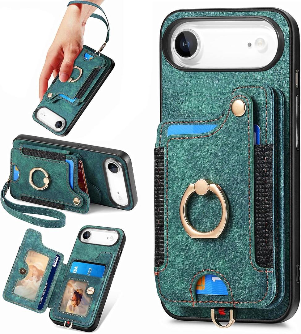 for iPhone Air Phone Case Wallet with Card Holder,PU Leather Flip Folio Case,RFID Blocking Ring Holder Kickstand Wrist Strap Magnetic Protective Women Men Cover for iPhone Air Green