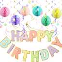 Pastel Birthday Decorations Kit - 17-Piece Set with Pre-Strung Happy Birthday Banner, Honeycomb Balls, Garland & Swirls | Macaron Theme Party Supplies for Women Girls Kids, Teens Adults
