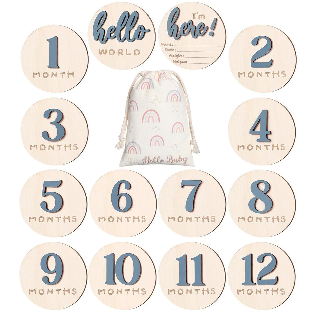 7 Pack 3D Baby Monthly Milestone Card Signs Baby Announcement Sign Double Sided Hello World Newborn Signs Wooden Circles Discs for Welcome Newborn Boy Girl Photo Props(Slate Blue,Number)