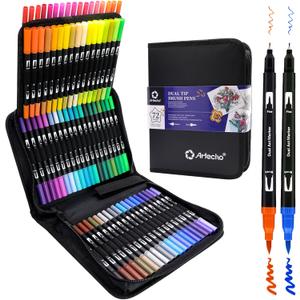 Artecho 72 Colors Markers for Adult Coloring Books, Dual Tip Markers for School, Fine and Brush Tip for Adults Coloring Books, Calligraphy, Drawing, Sketching