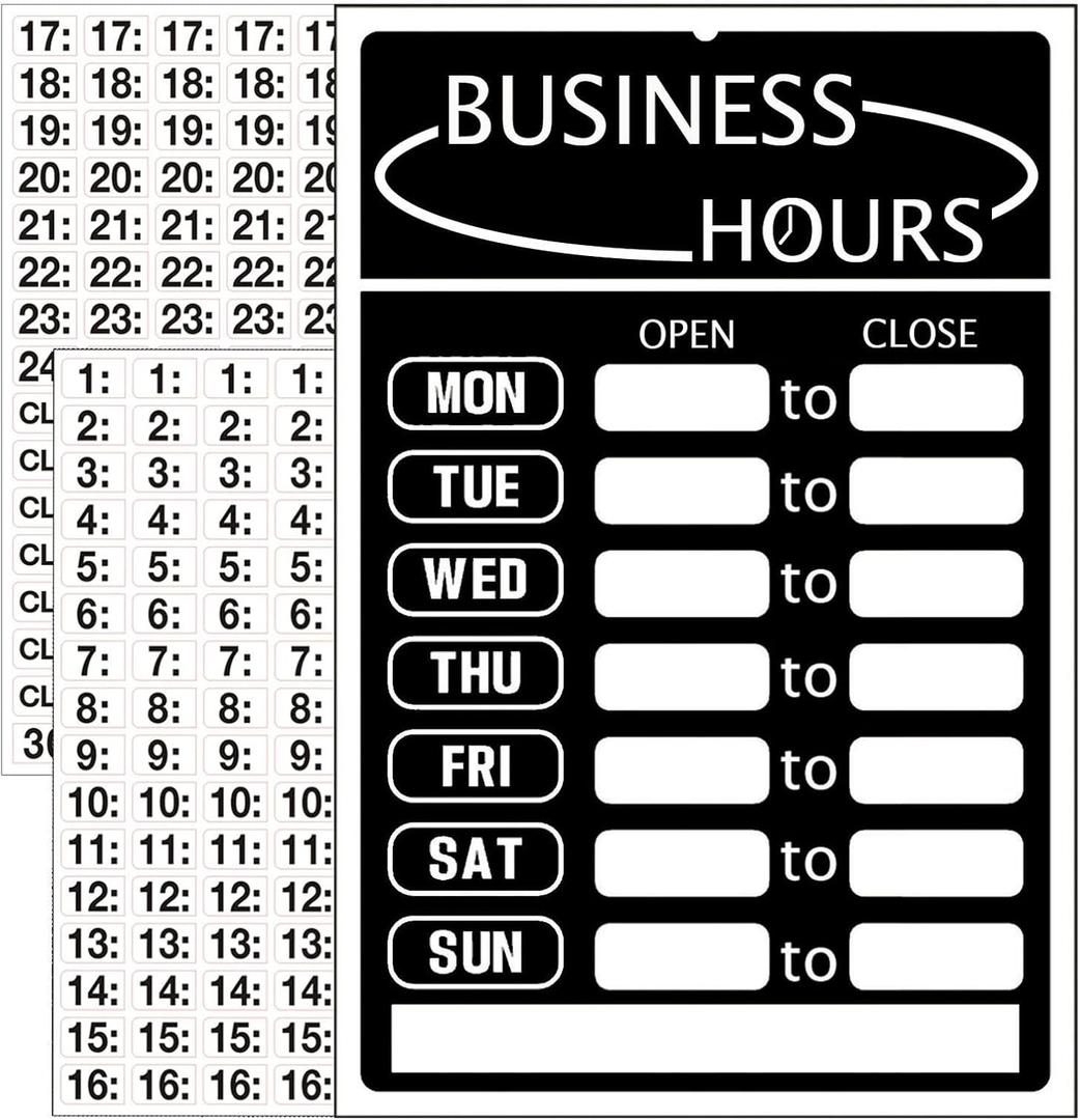 Opening Hours Sign,Business Hours Indicator,Store Hours Plaque,Hours of Operation Door Supplies for Business, Changeable Store Time Mark with Stickers for Store or Office8x 12,Black
