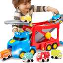 Vroomix JOVA Extra Large Toy Trucks for Toddlers, 3-Layer City Trucks for Kids, 7-in-1 Big Transport Carrier Truck with Siren & Lights and 6 Toy Cars, Birthday Gifts for Boys