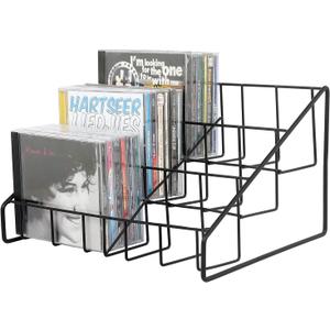 MyGift CD Display Stand, CD Rack Tower, 3-Tier DVD Stand Holder, Tabletop Compact Disc Jewel Case Storage, Step Tier Office Media Organizer, Modern Matte Black Metal Wire