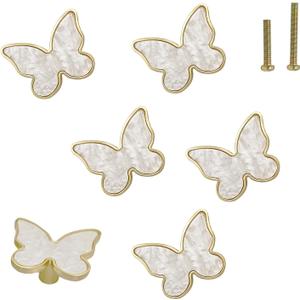 6 pcs Gold Butterfly Knobs for Kitchen Creative Animal Handles Cabinet Knob Zinc Alloy Knobs Single Hole Door Pull Handles for Drawer Cupboard Dresser Furniture Door (White)