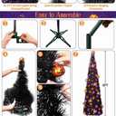 [Timer& Pumpkin] 5 Ft Black Tinsel Halloween Tree with 50 LED Orange Purple Lights, Pop Up Artificial Pencil Tree with Lantern Topper & 10 Jack-O Pumpkin Balls Ornaments for Halloween Decor Indoor