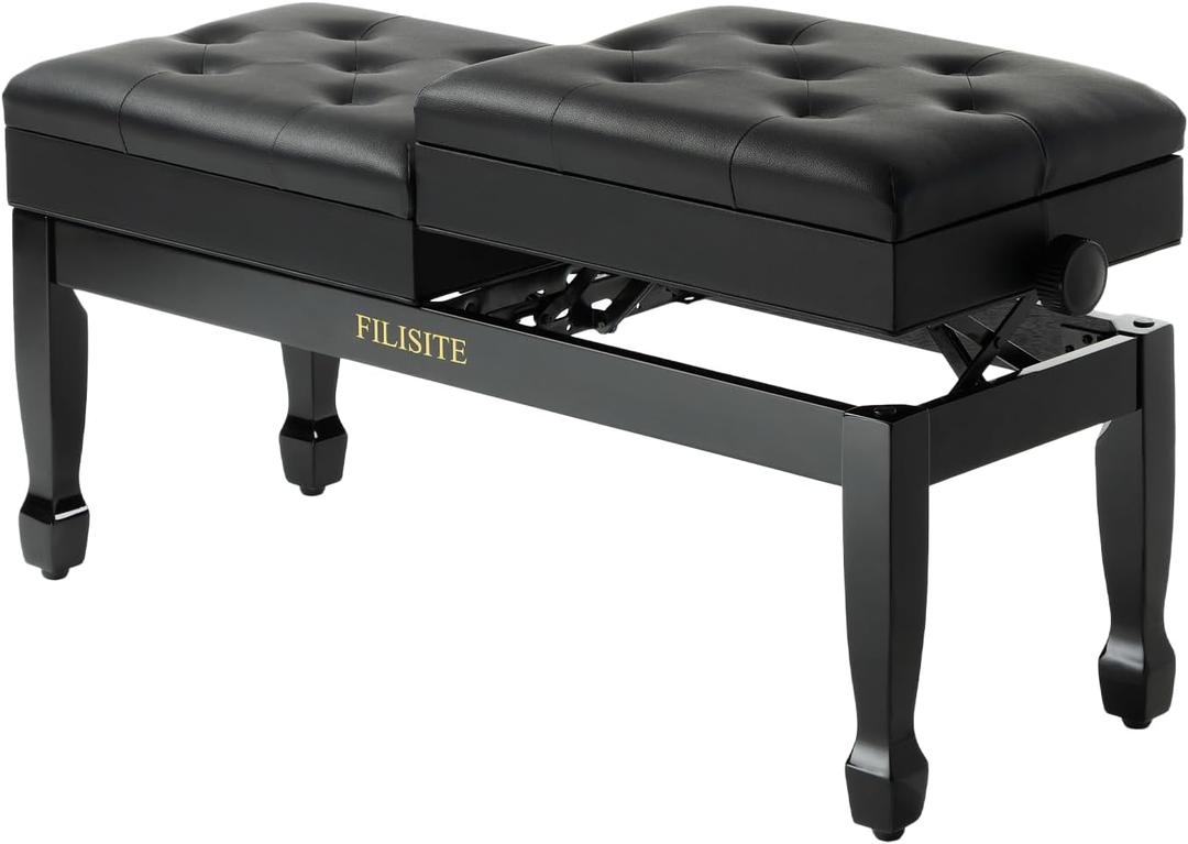 Adjustable Height Duet Piano Bench with Independent Seat and Storage, Heavy-Duty Wooden Leg Piano Stool with Waterproof Padded Cushion, Musician Stool for Piano, Keyboard, Black, 14.57 x 38.2 x 18.5 inches