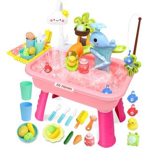 Water Play Table for Toddlers 1-3, Kids Play Sink with Electric Faucet, Outdoor Water Table with Fishing Game, Summer Baby Water Sensory Toy for Toddlers 1-3 Years(Pink)