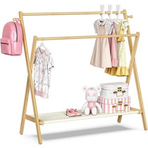 BAMBOOHOMIE Kids Clothing Rack With Storage Shelf & Double Rods, Foldable Dress Up Clothes Rack for Toddler Nursery, Child's Room, 100% Natural Bamboo (Large Size)