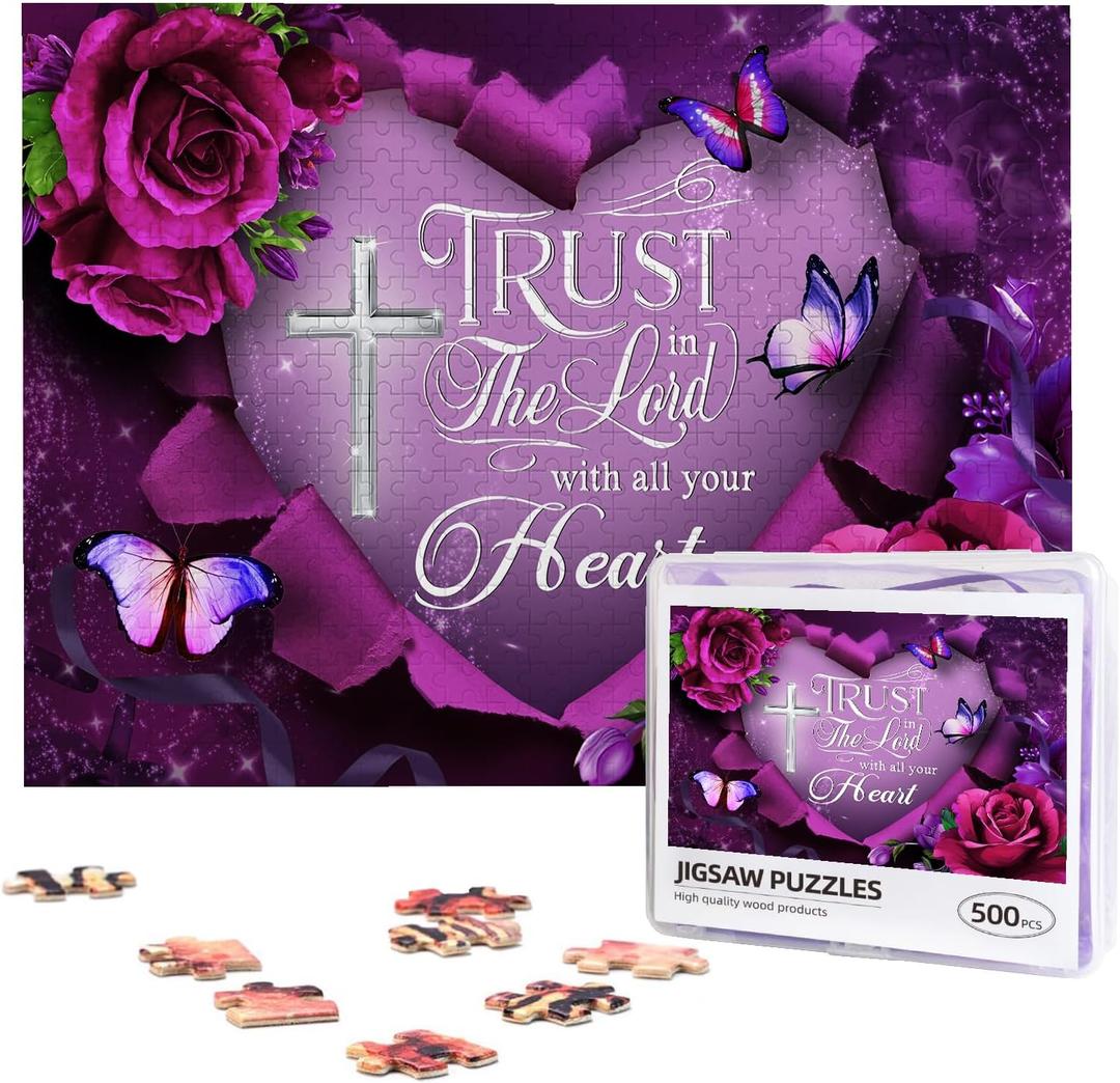 500 Piece Wooden Christian Jigsaw Puzzle for Adults - Inspirational Religious Floral Cross with Trust in The Lord Bible Verse, Faith-Inspired Gift for Christian Women & Men