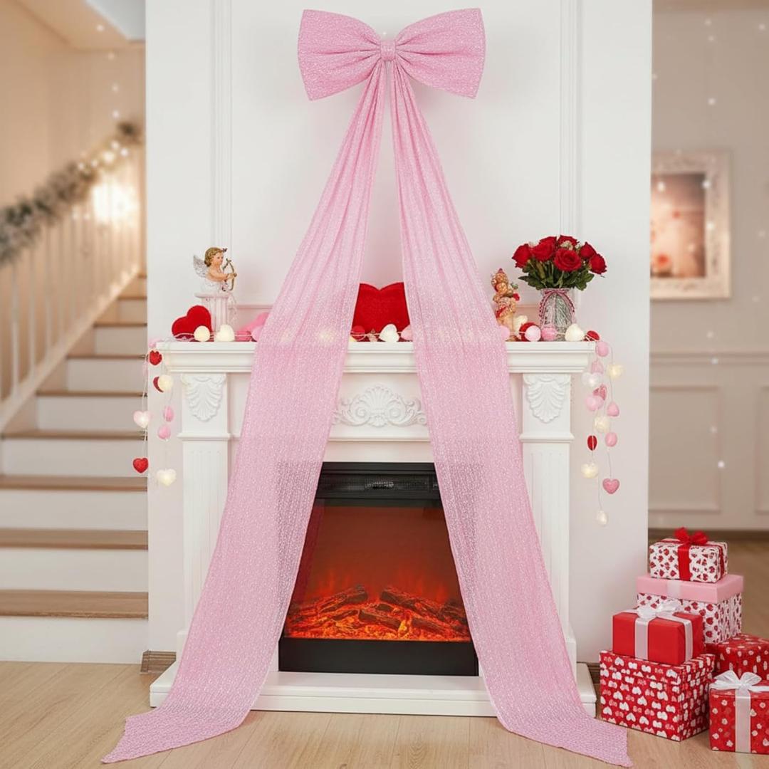 Big Bow Decor 118x28 Inch Valentine's Day Velvet Sequin Bow for Wall Backdrop Extra Large Glitter Giant Tree Topper Huge Oversized Decoration for Wedding Room Front Door Party(Pink)