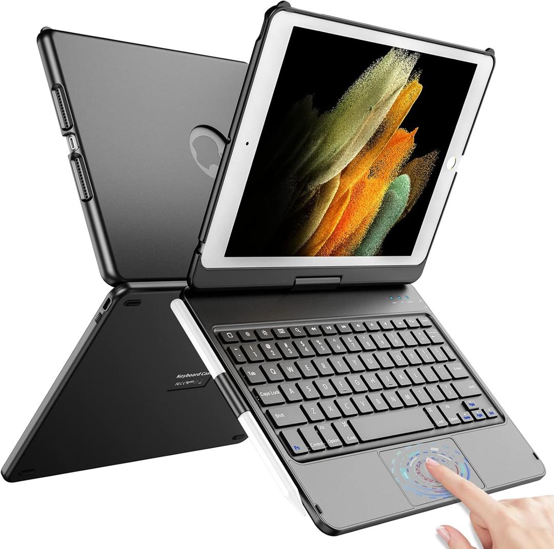 TQQ Touch for iPad 9th Generation Case with Keyboard (10.2", 2021), Multi-Touch Trackpad, 360 Rotatable Protective Cover for iPad Keyboard 9th/8th/7th Gen with Pencil Holder (Black)