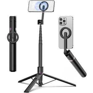 TONEOF 68" Magnetic Selfie Stick Tripod with Aluminum Strong Magnetic Holder for Magsafe, 360 Rotatable Travel Phone Tripod Stand with Metal Ring & Rechargeable Remote for iPhone/AndroidBlack