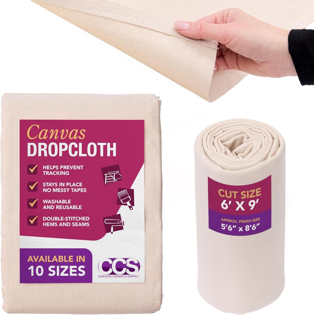 CCS Canvas Drop Cloth for Painting  All Purpose Cotton Duck Cloth Tarp for Curtains, Tablecloths, Backdrops  Washable & Reusable Floor Cover & Dust Sheet for Furniture (6x9 Ft) (6 by 9 Feet)